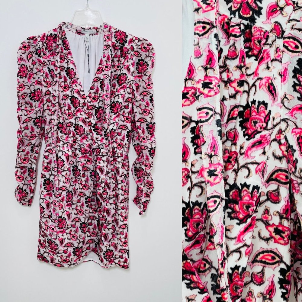 ML Monique Lhuillier Women's Dress 8 Pink Velvet Wrap Mini Long Sleeve New